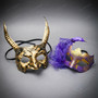Couples Horned Beast and Purple Flower Feather Women Masquerade Mask - Gold Purple