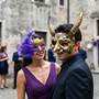 Couples Horned Beast and Purple Flower Feather Women Masquerade Mask - Gold Purple