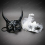 Devil Demon Horned and White Feathered Glitter Couples Masquerade Masks - Black White