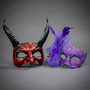 Horror Horned Devil and Elegant Purple Lace Feather Couple Masquerade Mask - Red Black Purple