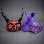 Horror Horned Devil and Elegant Purple Lace Feather Couple Masquerade Mask - Red Black Purple