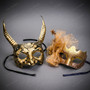 Horned Devil Satyr And Glitter Mesh Floral Women Masquerade Eye Masks - Gold Black