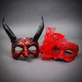 Venetian Textured Devil Horns Mesh Ribbon Lace Couples Masquerade Mask - Red Black