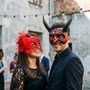 Venetian Textured Devil Horns Mesh Ribbon Lace Couples Masquerade Mask - Red Black