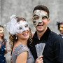Venetian Harlequin Phantom And Feather Tulle Couples Masquerade Mask - Silver White