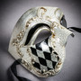 Silver Harlequin Phantom of the Opera & White Floral Tulle Feather Masquerade Couple Mask Set