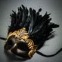 Ancient Venetian Party Masquerade Feather Mask - Black Gold