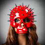 Steampunk Spikes Skull Venetian Masquerade Half Face Mask - Glossy Red (with female model)
