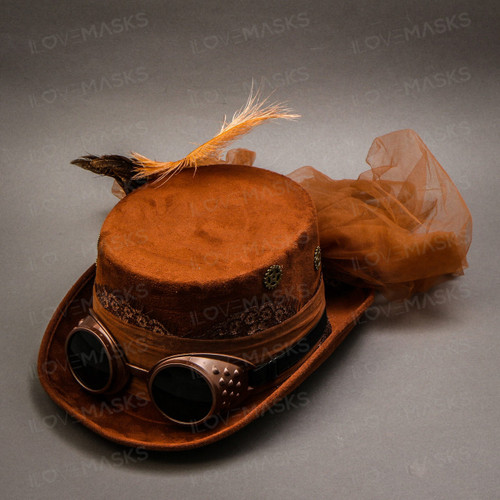 Steampunk Victorian Feather Top Hat - Brown