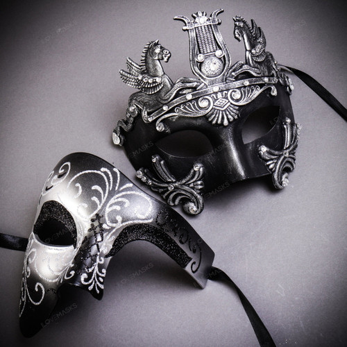 Black Full Face Venetian Pegasus Horse and Black Silver Swan Mask for Couple