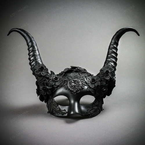 Evil Witch Gothic Horn Lace Women Mask - Black Silver