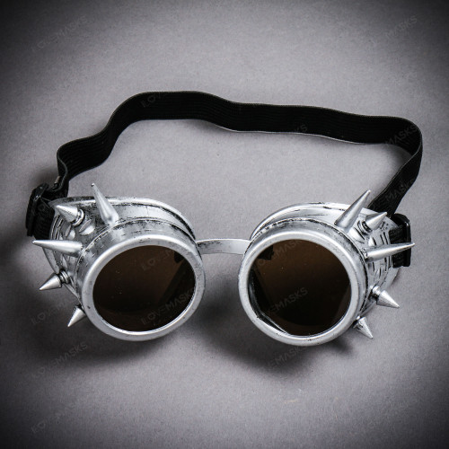 Spkicky Goggles Steampunk Spikes Goggles With Dark Lens - Metallic Silver - ILOVEMASKS.COM