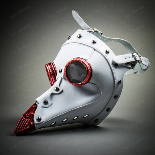 Steampunk Plague Doctor with Goggle Short Bird Beak Mask - White Red 