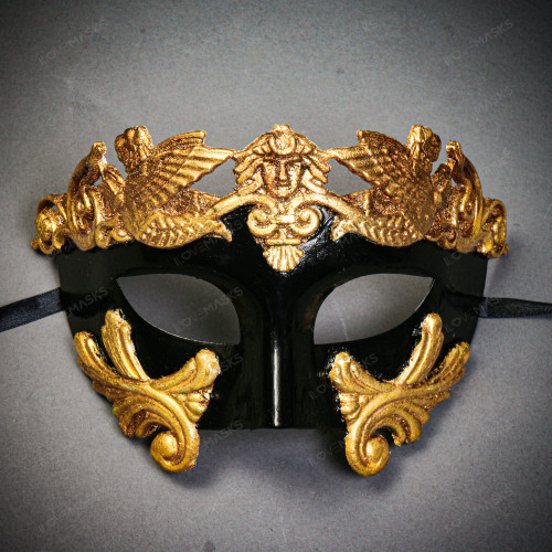 Roman Greek Emperor Warrior Glossy Black Venetian Mask with Gold Foil ...