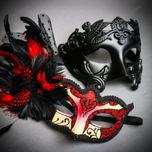 Venetian Warrior Half-Face RED Glitter Peacock Black Feather