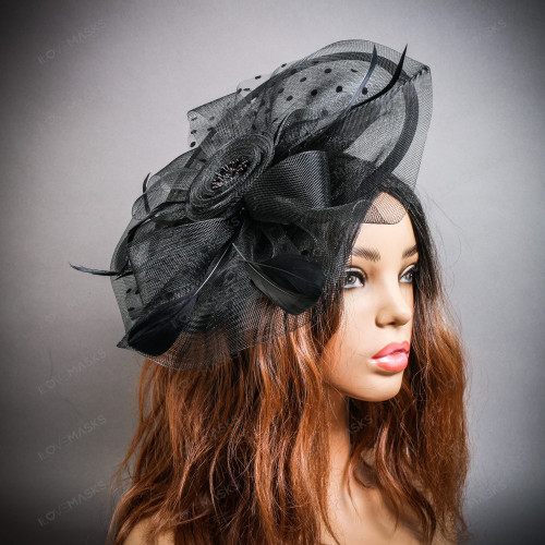 Stunning Black Tule & Feather Fascinator Headband Clip Church Derby Hat EUC black-rooster-ostrich-feather-  main image 2
