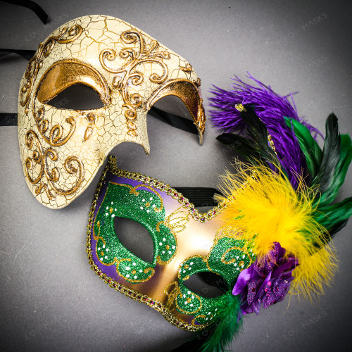 Two Gold Masks Gold Phantom Half Face Mask & Gold & Green Feather Eye Mask Couple M