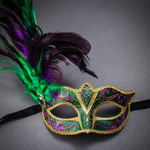 Mardi Gras Glitter Masquerade Mask with Side Feather - Green