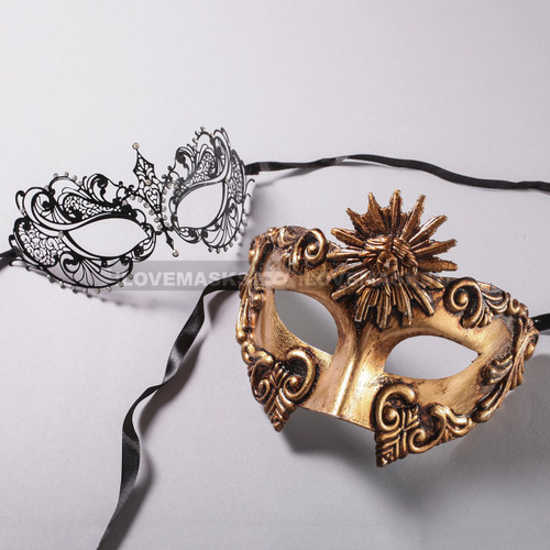 Gold Roman Sun Warrior Masquerade Mask and Black Charming Princess ...