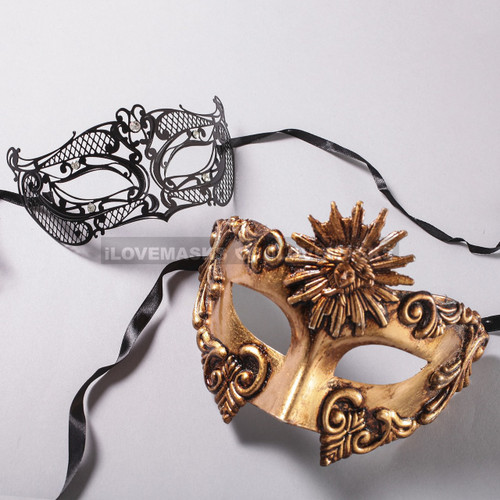 Gold Roman Sun Warrior Masquerade Mask and Black Venetian Laser Cut ...
