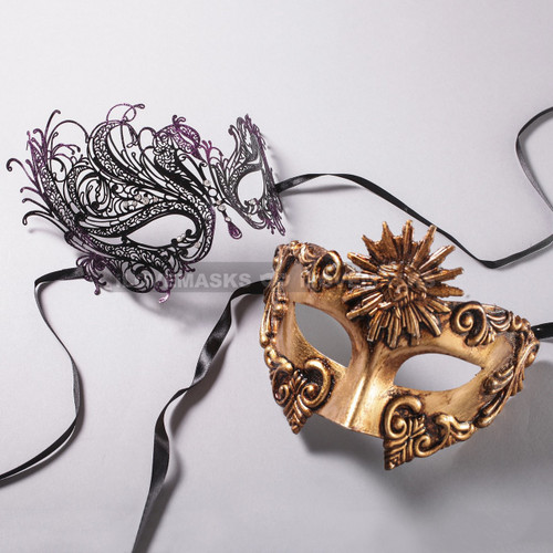 Gold Roman Sun Warrior Masquerade Mask and Black Purple Swan Laser Cut ...