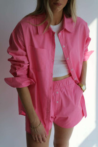 pink shirt and short set , hot pink shirt , organic cotton shirt , pink co ord set , pink twinset