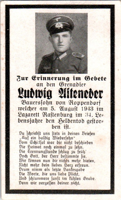 Death Card - Ludwig Alteneder - Aug 5 1943