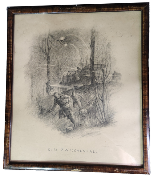 Large Wartime Framed Drawing by H. Zweig - 'An Incident'