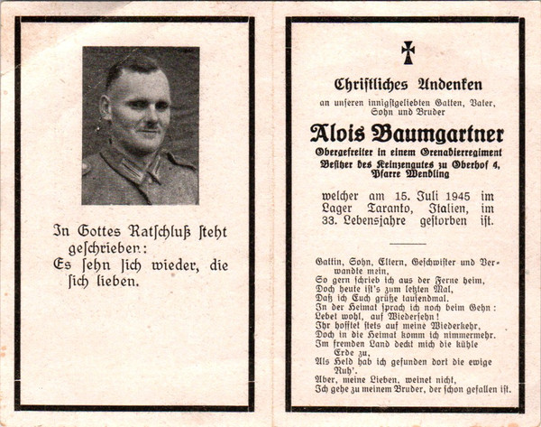 Death Card - Alois Baumgartner July 15 1945