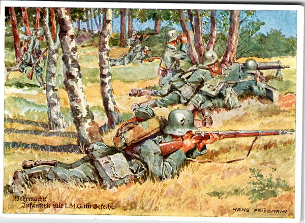 Wehrmacht Postcard - Infantry with L.M.G. in Combat