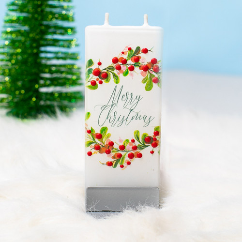 Merry Christmas Wreath with Berries Decorative Flat Candle by Flatyz Candles
