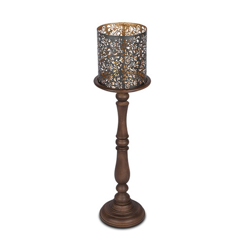 Small Etched Floral Hurricane and Carved Mango Wood Pillar Candleholder - GG Collection