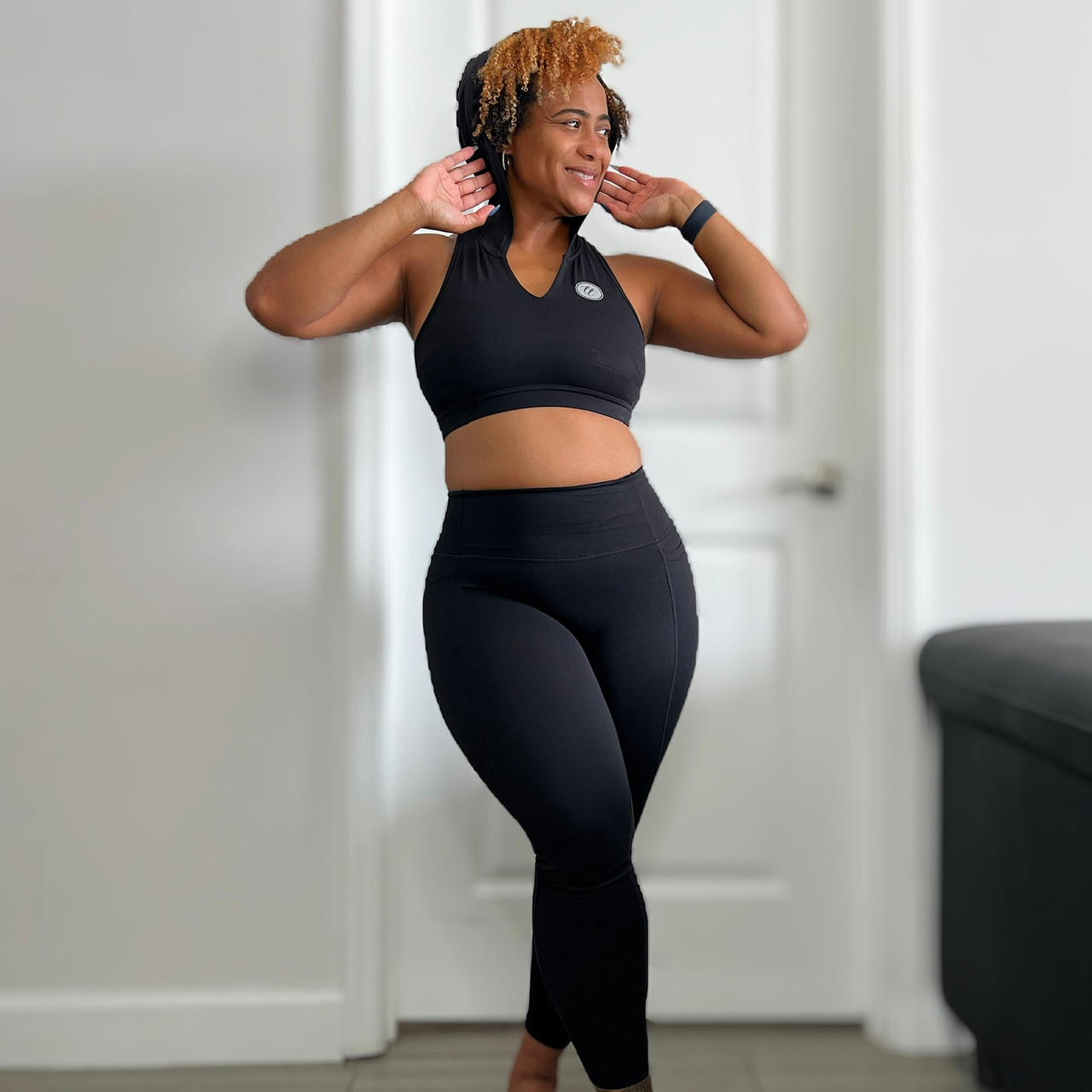 Black Hooded Sports Bra And Pocket Leggings Set