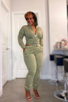 Two piece set

- Top: Crop hoodie with lace up, self-tie detail in front, long sleeves

- Bottom: Jogger Sweatpants with elastic waistband without side pockets, and elastic band hem