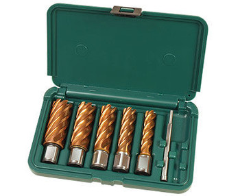 2" depth Armor-plated Cutter Kit includes  9/16",11/16", 13/16", 15/16", 1-1/16", pilot pin & carrying case.
