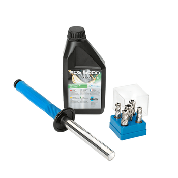Armor-plated TiAIN Starter Cutter Kit - Includes 9/16", 11/16", 13/16", 15/16", 1-1/16", 2 pilot pins, 1 cutter storage box, 1 Power Worker magnetic stick (POW 100), 1 Qt. high-performance cutting oil (ZHS 006).