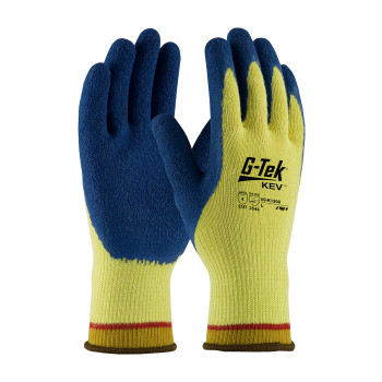 Yellow L G-Tek KEV, 100% Kevlar 7G Yellow Shell, Blue Latex Crinkle Grip, A4 Gloves made with Kevlar Brand Fiber 1 Dozen