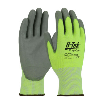 Hi-Vis Yellow L G-Tek PolyKor, HV Lime Green 13G Shell, Gray Polyurethane Grip, A5 Gloves with PolyKor Fiber 1 Dozen