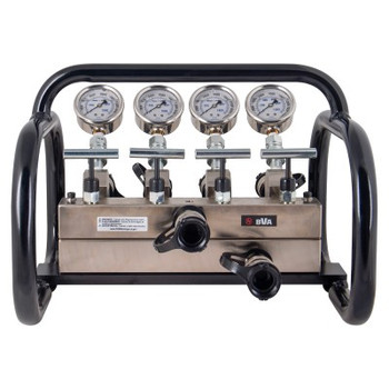 BVA MFC4-GDA, Manifold Block, 4 Flow Control Needle Valve, with 2.5" Dia. Pressure Gauges & Roll Cage, easy to carry to job site. Oil Port 3/8"-18NPTF Oil Ports, 10,000 psi (700 bar)
