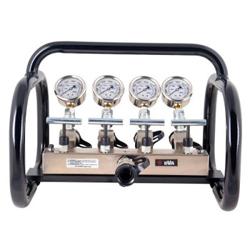 BVA MFC4-GSA, Manifold Block, 4 Flow Control Needle Valve, with 2.5" Dia. Pressure Gauges & Roll Cage, easy to carry to job site. Oil Port 3/8"-18NPTF Oil Ports, 10,000 psi (700 bar)