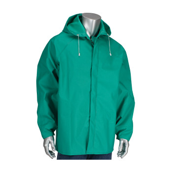 Green 4X Rain Jacket .42mm PVC/Nylon/PVC, FR Treated, Attached Hood, Green FR Treated PVC/Nylon/PVC