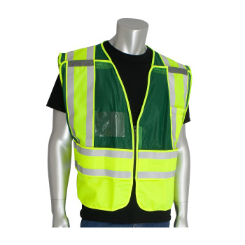 Green 5X ANSI 207 PSV Vest, ID Pckts, Brkwy Zipper Closure, 2x1in. Reflec. Grn Hi-Visibility Vest