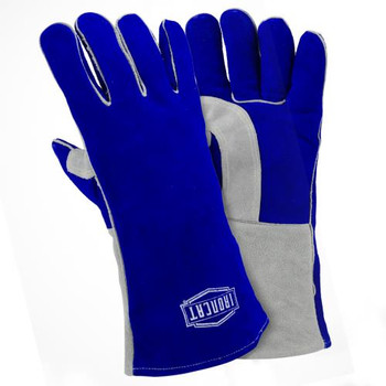 Premium side split cowhide welding glove, double reinforced wing thumb, cotton/foam lining, gauntlet cuff, welted fingers, Kevlar sewn