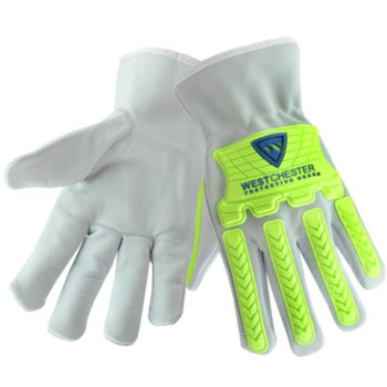 Cow leather driver with spilt cow back of hand, and hi-vis green 7mm TPR and Keystone thumb, 100% cotton lining