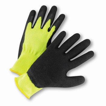 Fluorescent Lime Green 10 gauge String Knit with Black latex palm coating. EN 2242