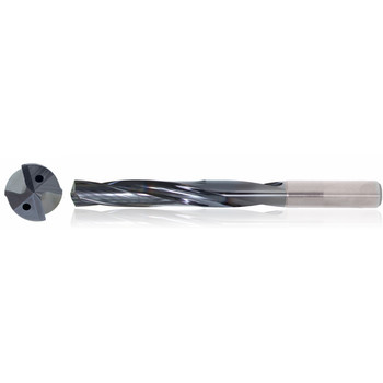3/4" Dia. × 20 mm Shank × 101 mm Flute Length × 153 mm OAL, 5xD, TiAlN, 2 Flute, Coolant Thru, h6, Cylindrical, Solid Carbide Drill Series/List #5614