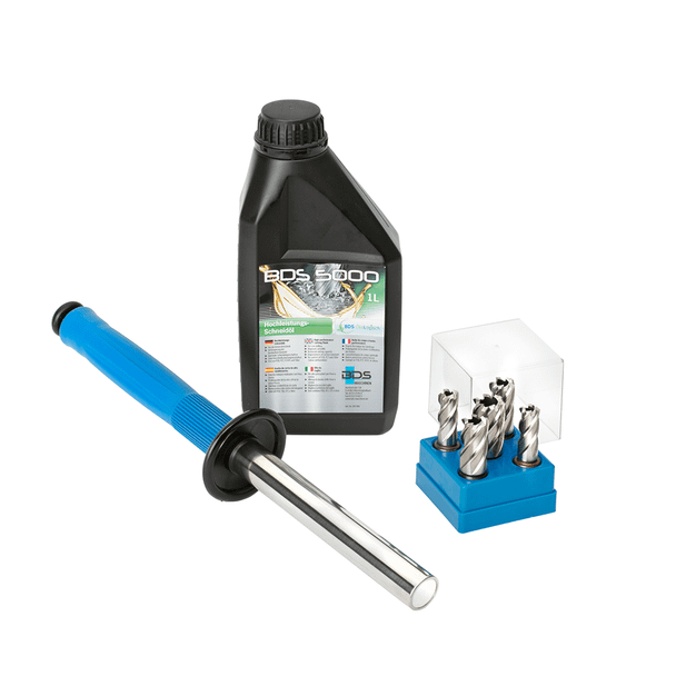 Armor-plated TiAIN Starter Cutter Kit - Includes 9/16", 11/16", 13/16", 15/16", 1-1/16", 2 pilot pins, 1 cutter storage box, 1 Power Worker magnetic stick (POW 100), 1 Qt. high-performance cutting oil (ZHS 006).