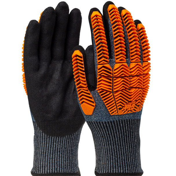 G-Tek PolyKor  Seamless Knit PolyKor Blended Glove with D3O Impact Protection and Nitrile MicroSurface Coated Palm & Fingers, L, Dark Blue