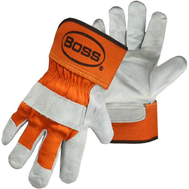 Boss  Premium Grade Split Cowhide Leather Double Palm Glove with Fabric Back and Aramid Stitching - Rubberized Safety Cuff, M, Orange