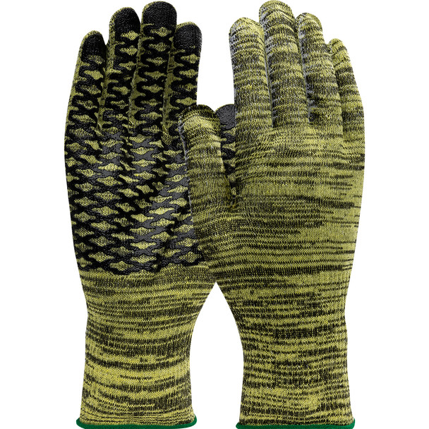 Kut Gard Seamless Knit ATA Aramid / Steel Blended Glove with Sta-COOL Plating and PVC Dot Grip - Light Weight, L, Green